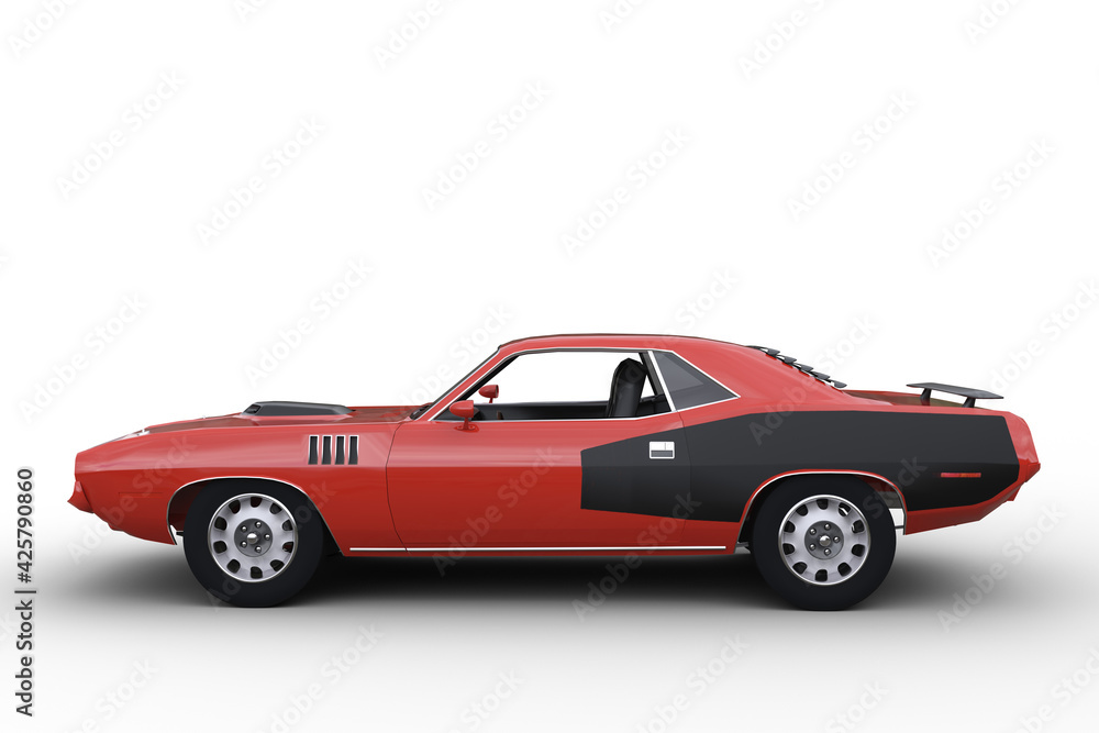 3D illustration of a red and black retro American sports car isolated on white.