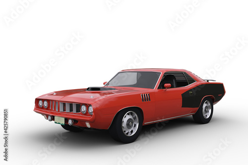 Canvas Print 3D render of a red and black retro American muscle car isolated on white