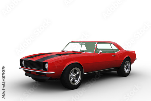 3D render of a red retro American muscle car isolated on white.