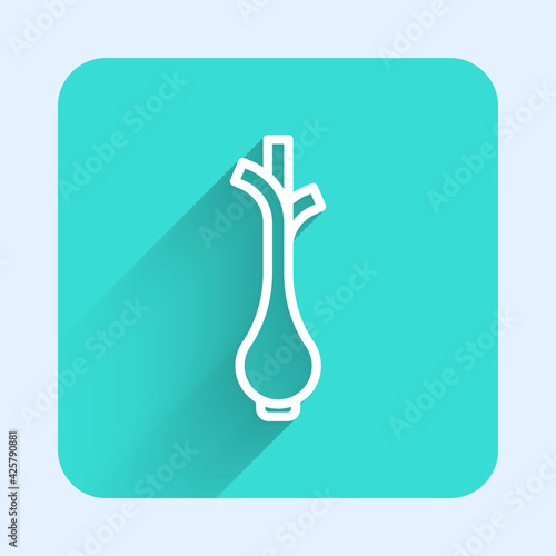 White line Bunch of fresh green onions icon isolated with long shadow. Green square button. Vector