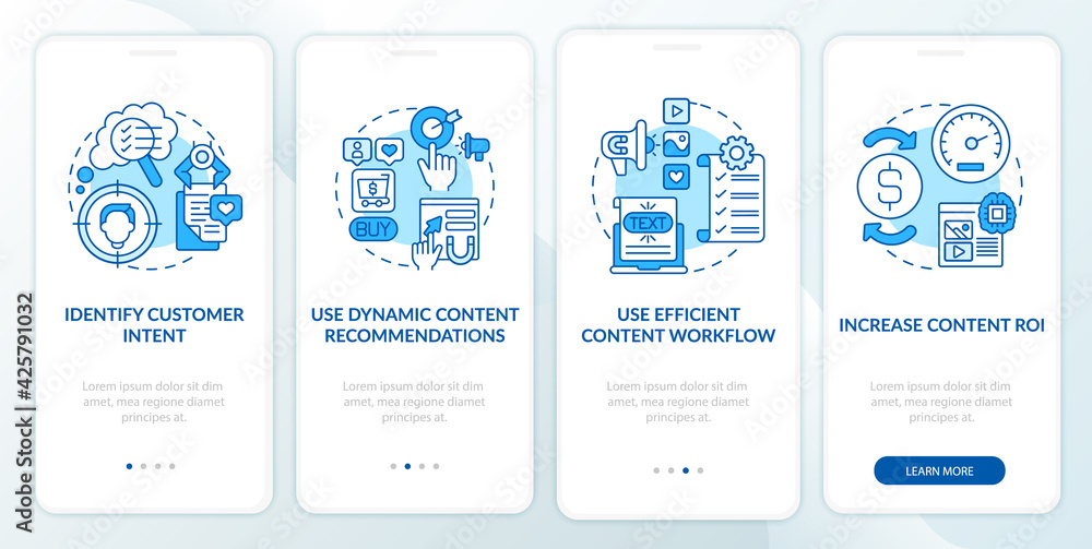 Smart content tips blue onboarding mobile app page screen with concepts. Efficient workflow walkthrough 5 steps graphic instructions. UI, UX, GUI vector template with linear color illustrations