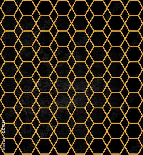 Gold luxury hexagon pattern-Honeycomb Cubes on black background. Modern golden Trendy cube pattern design. Geometrical stylish wallpaper for background. 