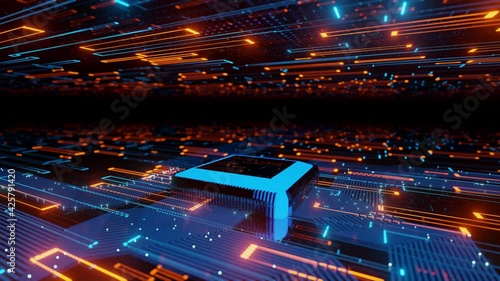 Abstract futuristic Microchip Data flow in a motherboard glowing light background 3D rendering photo