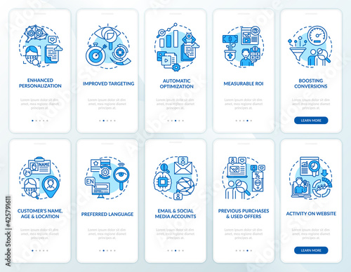 Smart content blue onboarding mobile app page screen with concepts set. Targeting strategies walkthrough 5 steps graphic instructions. UI, UX, GUI vector template with linear color illustrations