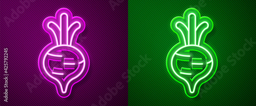 Glowing neon line Fresh beet with leaf icon isolated on purple and green background. Natural Root. Vegetable Ingredient for food. Vector