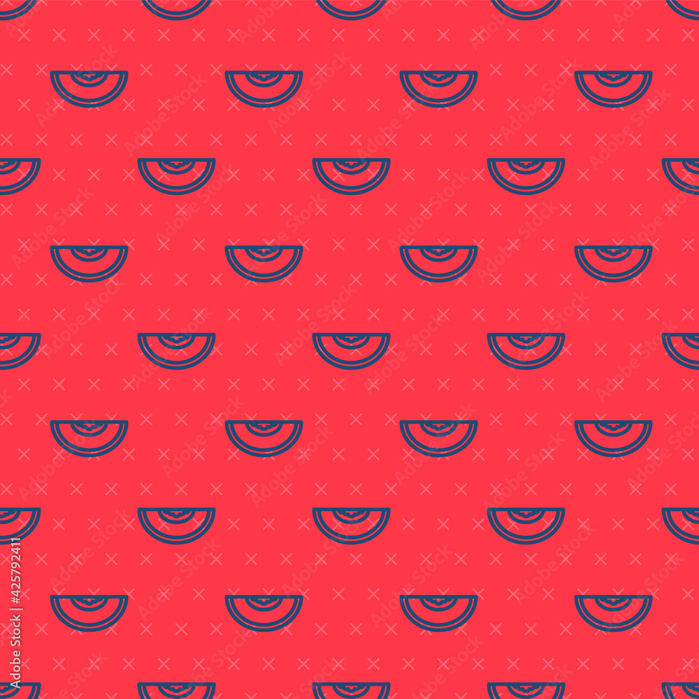 Naklejka premium Blue line Melon fruit icon isolated seamless pattern on red background. Vector