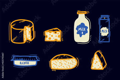 A set of illustrations of dairy products. Cheeses, Maasdam, Curd cheese, Cream cheese, Milk, milk bottles, Ricotta. Vector illustrations, Doodle-style icons on a dark background. Vector illustration