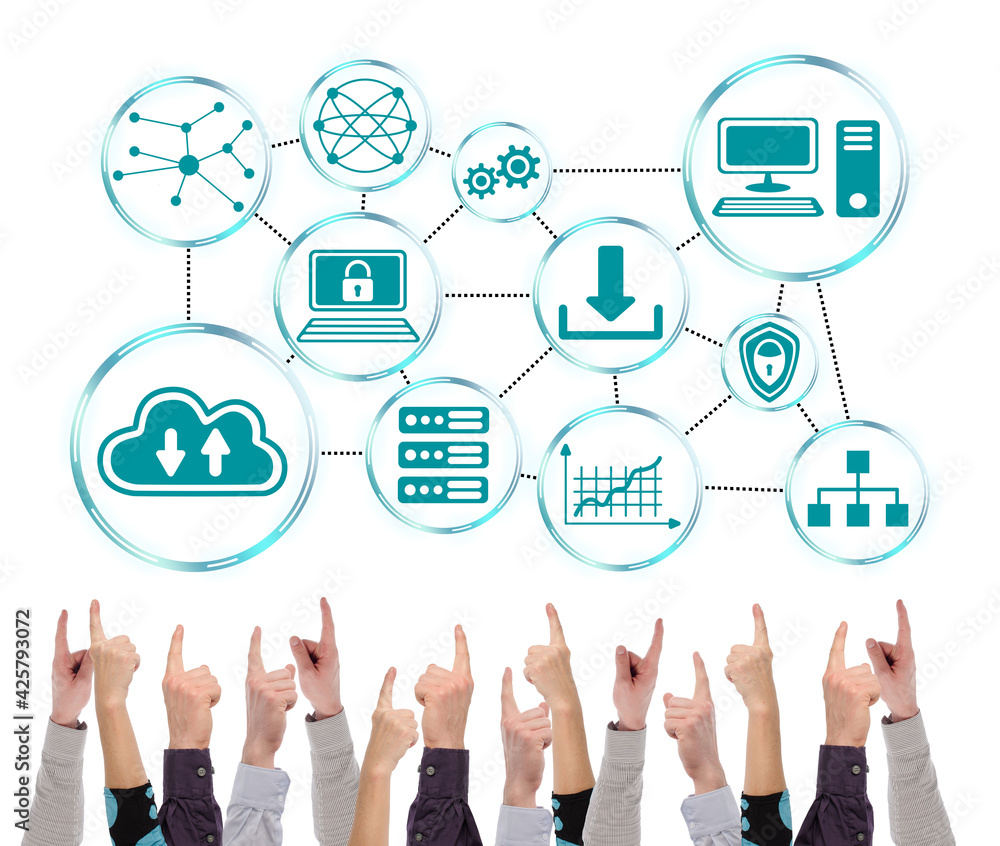 Cloud networking concept pointed by several fingers Cloud networking concept pointed by several fingers