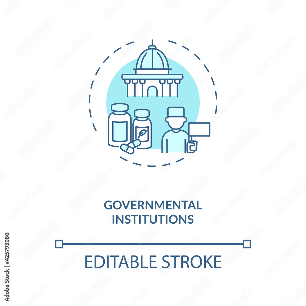 Governmental institutions concept icon. Trials sponsorship idea thin line illustration. State, local government agencies. Requesting funding. Vector isolated outline RGB color drawing. Editable stroke