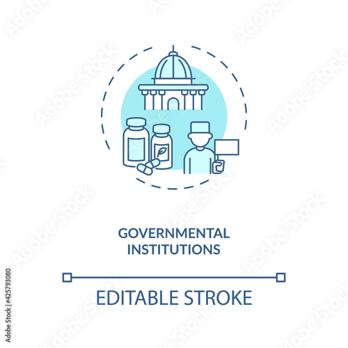 Governmental institutions concept icon. Trials sponsorship idea thin line illustration. State, local government agencies. Requesting funding. Vector isolated outline RGB color drawing. Editable stroke