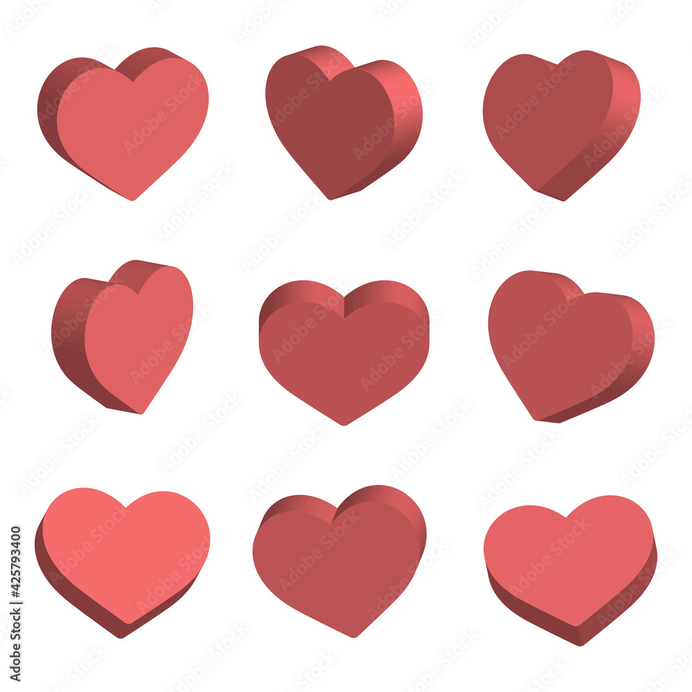 Red isometric hearts icon set, love symbol. Vector Red isometric hearts icon set, love symbol. Vector