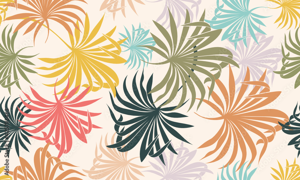 Cheerful seamless beach pattern wallpaper, dark green leaves for wallpapers, fabrics and textiles.