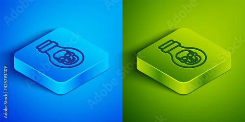 Isometric line Poison in bottle icon isolated on blue and green background. Bottle of poison or poisonous chemical toxin. Square button. Vector