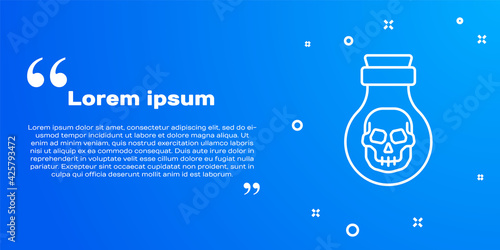 White line Poison in bottle icon isolated on blue background. Bottle of poison or poisonous chemical toxin. Vector