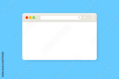 Modern web browser window design isolated on blue background. Web window screen mockup with shadow. Internet empty web landing page concept with search bar and buttons. Vector illustration