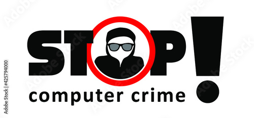 Computer crime. A hacker using computers, for stealing data. Online ransomware or malware to steal personal data from computer concept, criminal thief. Computer hacker, cyber security. Vector sign