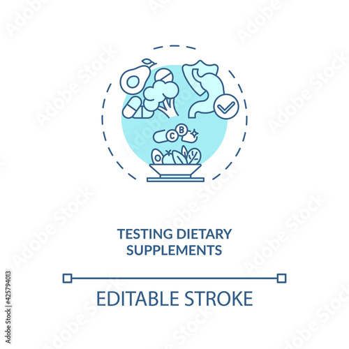 Testing dietary supplements concept icon. Clinical trials idea thin line illustration. Nutrient ingredients. Foodstuffs. Additives. Vector isolated outline RGB color drawing. Editable stroke