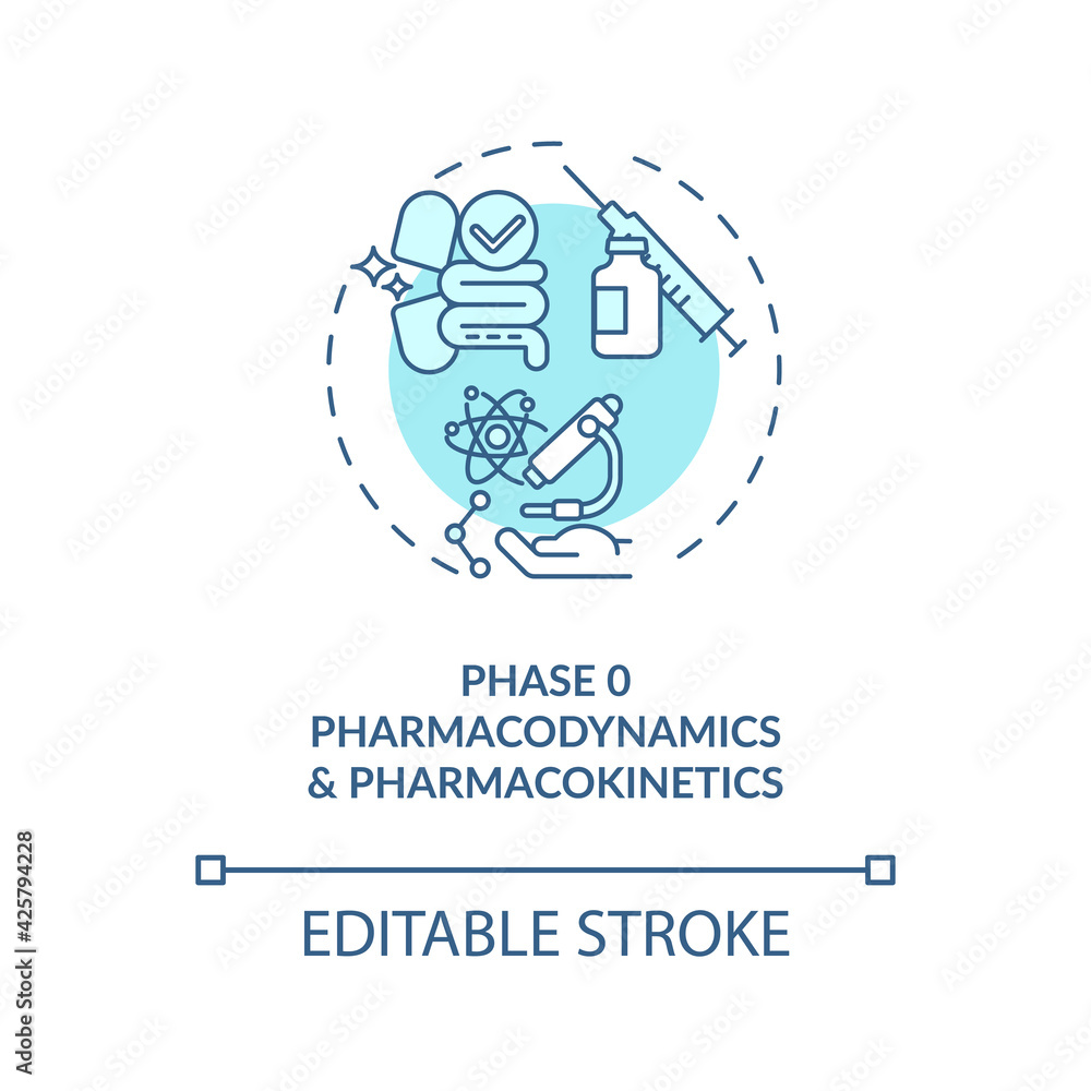 Pharmacodynamics and pharmacokinetics concept icon. Clinical trials phase 0 idea thin line illustration. Drug and treatment study. Vector isolated outline RGB color drawing. Editable stroke
