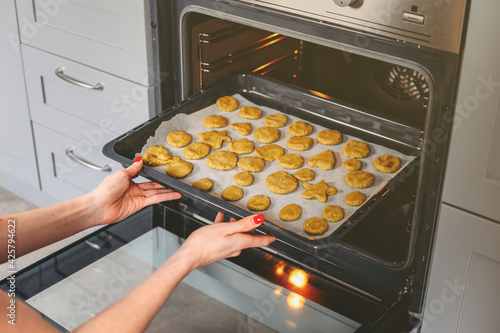 Strawberry chip cookies on baking pan