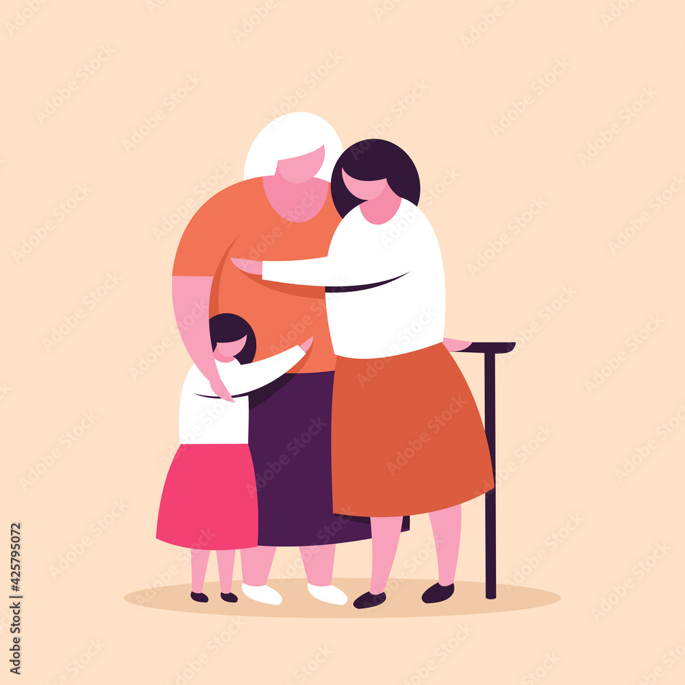 A little girl hugging her mother and grandmother. Concept for Mother's Day