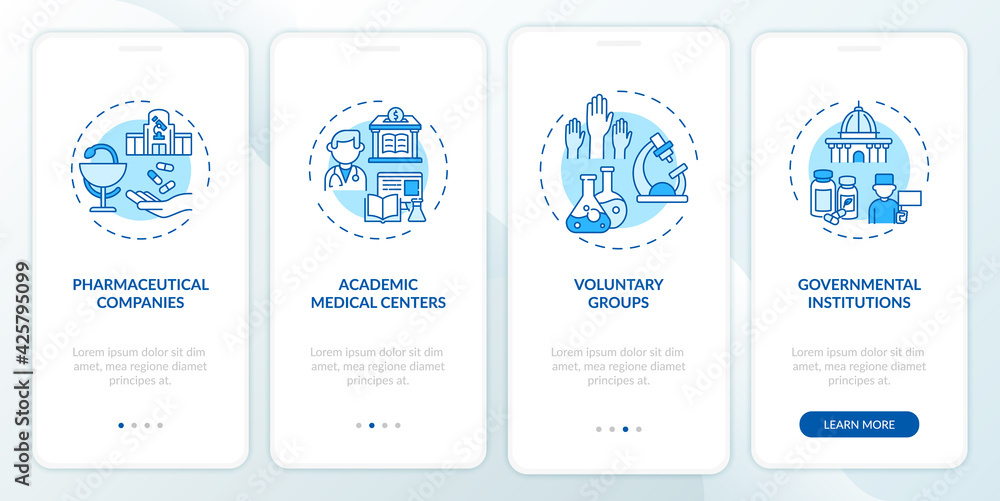 Clinical trials support onboarding mobile app page screen with concepts. Pharm companies walkthrough 4 steps graphic instructions. UI, UX, GUI vector template with linear color illustrations
