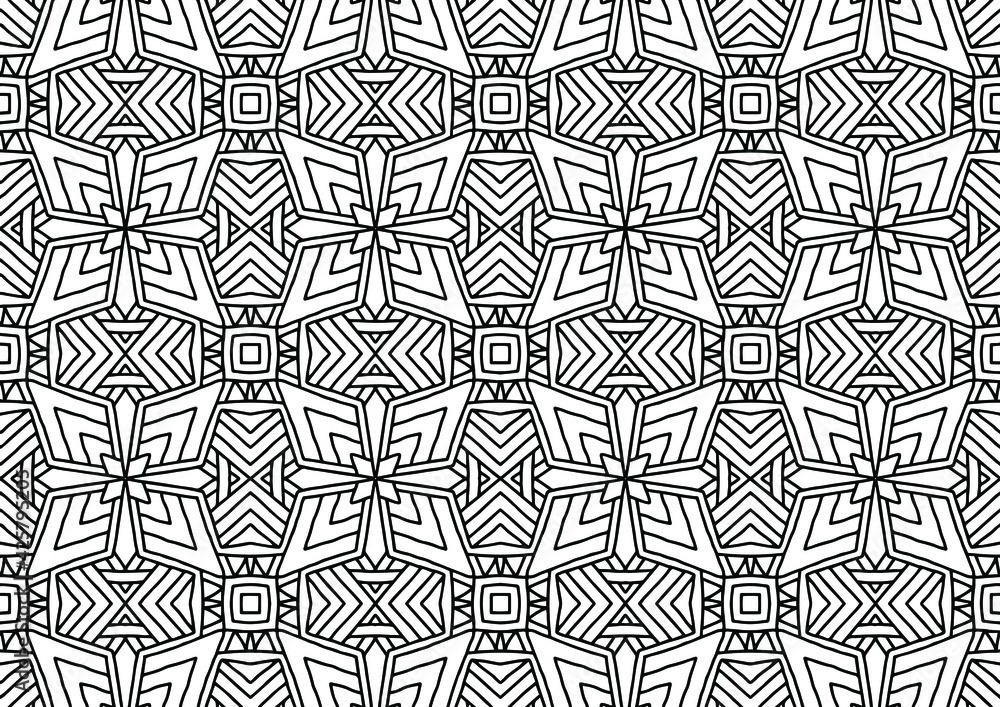 seamless tile with geometric and floral figures in folk style on a white background for coloring, vector
