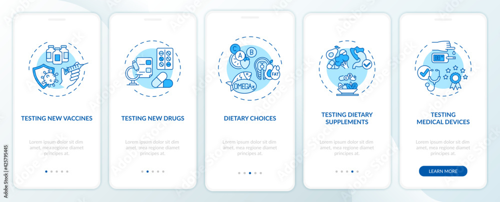 Clinical study types onboarding mobile app page screen with concepts. Supplements, vaccine testing walkthrough 5 steps graphic instructions. UI, UX, GUI vector template with linear color illustrations