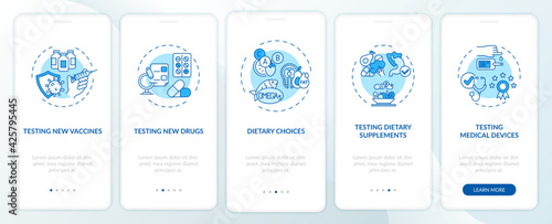 Clinical study types onboarding mobile app page screen with concepts. Supplements, vaccine testing walkthrough 5 steps graphic instructions. UI, UX, GUI vector template with linear color illustrations