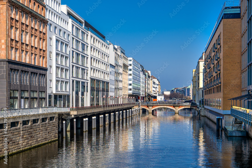 Hamburg, Germany. The canal Alsterfleet in the center of the city on a sunny day. 