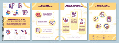 Clinical study participants safety brochure template. Risks, rights. Flyer, booklet, leaflet print, cover design with linear icons. Vector layouts for presentation, annual reports, advertisement pages