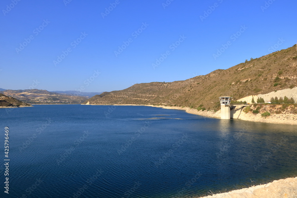 Kouris dam with reservoir, the largest of a network of 107 dams, 15 km from Limassol, Cyprus