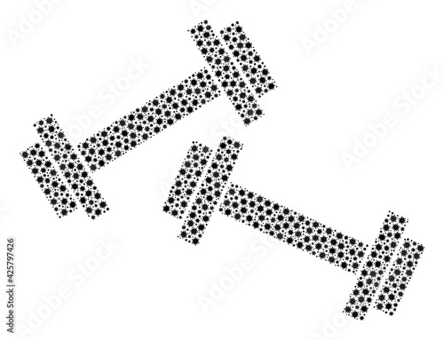 Vector barbells covid mosaic icon done for clinic advertisement. Barbells mosaic is created with tiny covid pathogen icons.