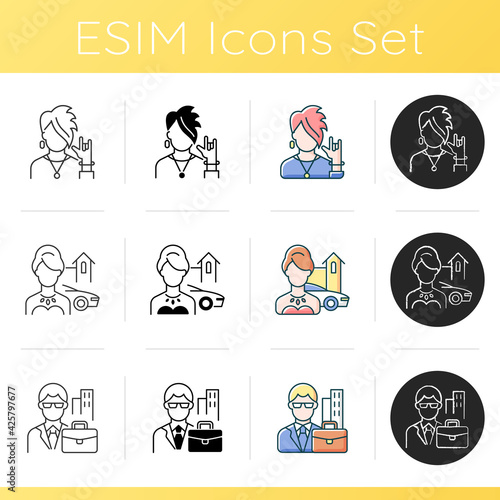Social status icons set. Goth, punk, emo subculture. Upper class. White collar worker. Executive manager. Rich woman. Linear, black and RGB color styles. Isolated vector illustrations