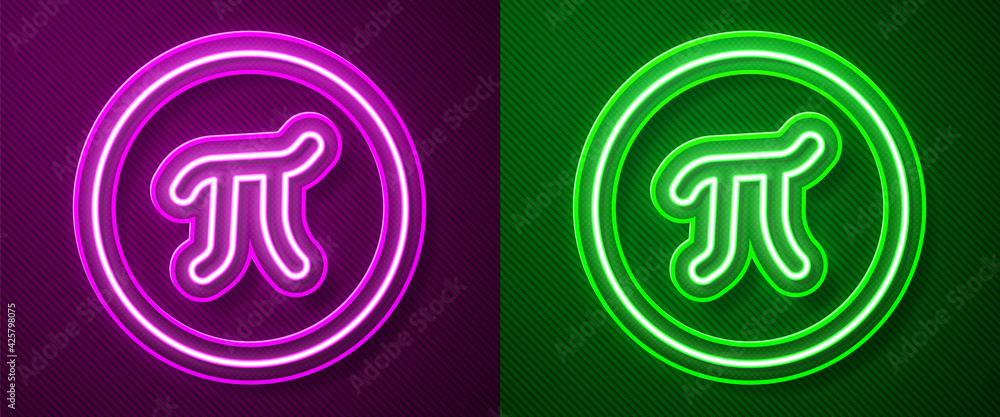 Glowing neon line Pi symbol icon isolated on purple and green background. Vector Glowing neon line Pi symbol icon isolated on purple and green background. Vector