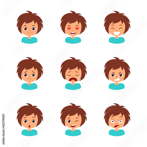 Different girl emotion set. Collection character expression. Children emoticon, avatar clipart