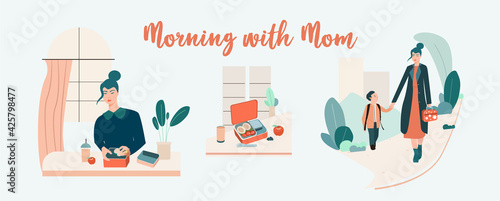 School morning routine. Mother prepares breakfast for her child. Mom and son walking through park to school. Lunch box at the table. Editable vector illustration