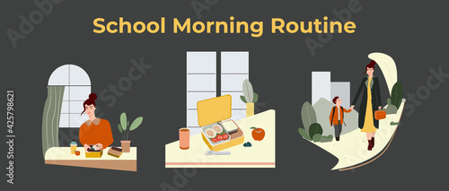 School morning routine. Mother prepares breakfast for her child. Mom and son walking through park to school. Lunch box at the table. Editable vector illustration