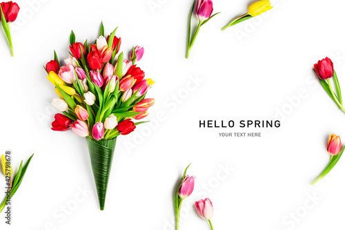 Creative composition of beautiful tulip flowers. Hello spring concept