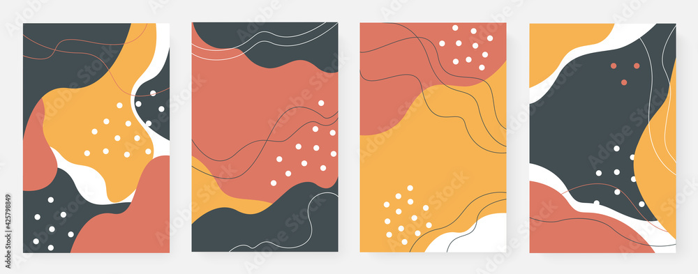 Minimalist abstract wall art with shapes, lines and dots vector illustration set. Minimal contemporary simple fluid waves, template background for social media stories or Scandinavian interior design