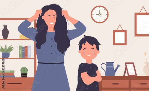 Family abuse vector illustration. Cartoon young angry mother screaming at sad crying son child boy victim of domestic violence, conflict conversation, parents and children bad relationship background