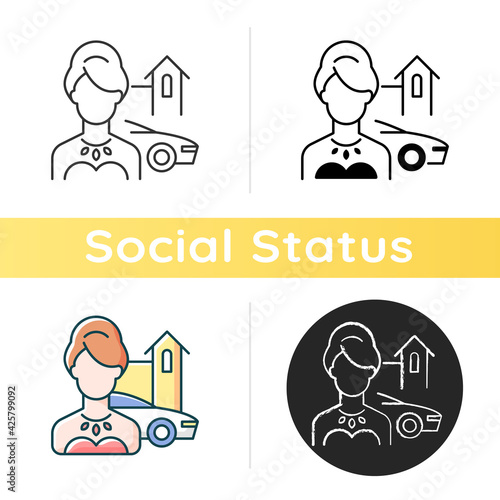 Upper class icon. Woman of high status in society. Luxury lifestyle. Party for wealthy and rich person. Social type. Linear black and RGB color styles. Isolated vector illustrations