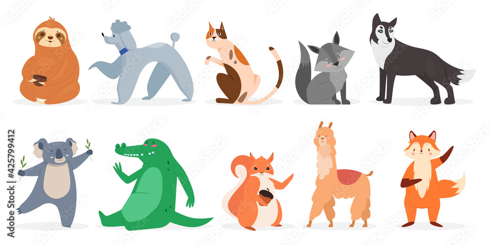 Fototapeta premium Cute animals, wildlife vector illustration set. Cartoon wild funny animal and domestic pet characters collection with forest sloth fox koala squirrel llama crocodile, dog and cat pet isolated on white