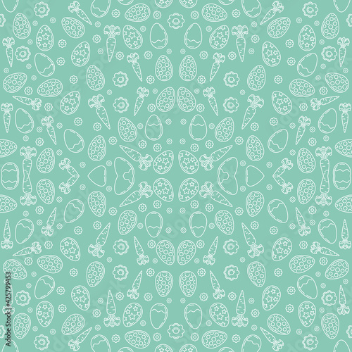 Easter seamless pattern. Pattern consisting of Easter eggs, flowers, carrots. Vector illustration
