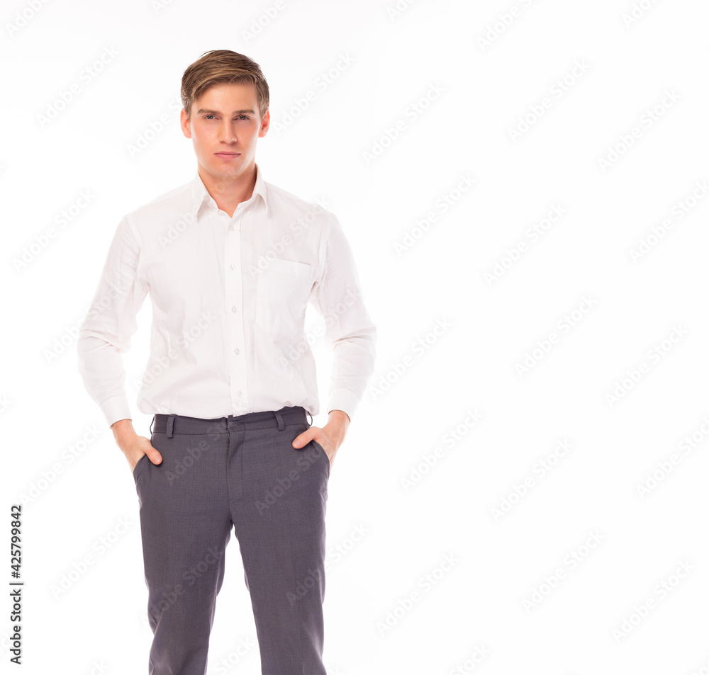 Happy confidence businessman hands in pocket with blank copy space area for text or advertising standing over isolated on white background Businessman look at camera with reliability and determined Happy confidence businessman hands in pocket with blank copy space area for text or advertising standing over isolated on white background Businessman look at camera with reliability and determined