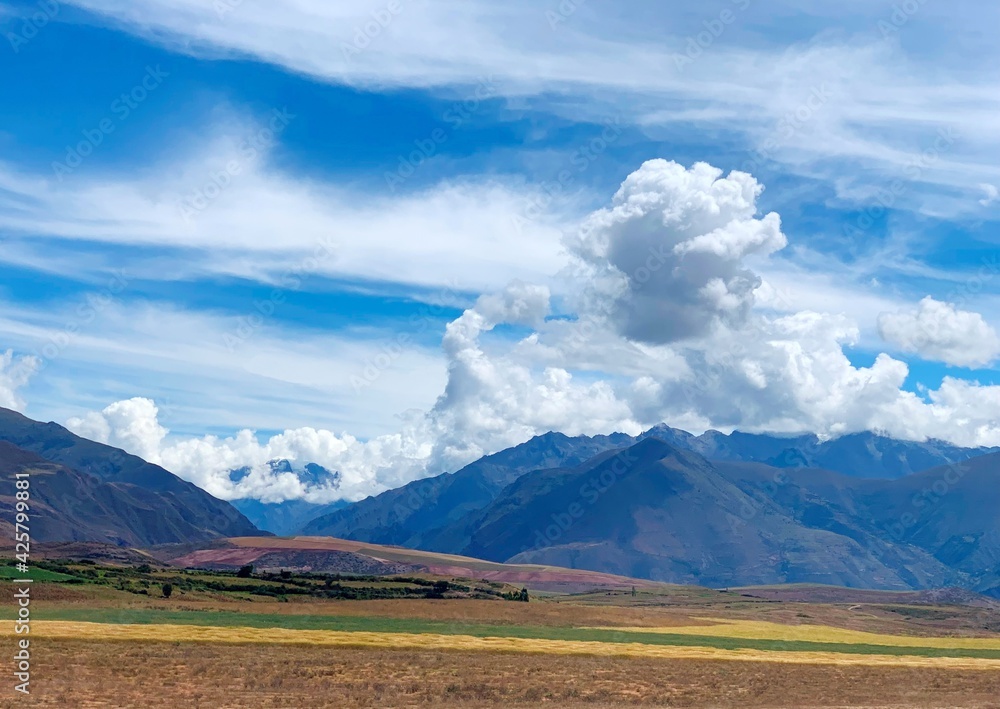 Obraz premium Andes mountains magnificent landscape near Urubamba Sacred valley in Peru. Incredible sky clouds.