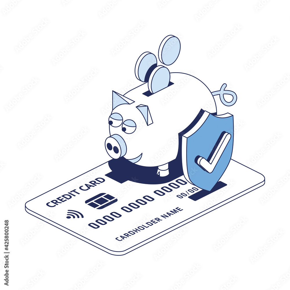 Pig piggy bank, coins money, credit and debit bank card. Vector 3d line ...