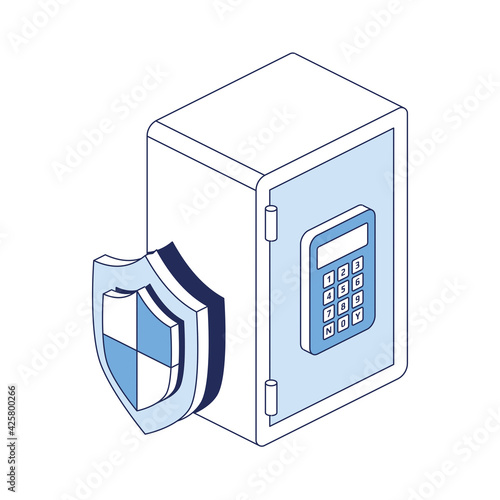 Bank safe security shield. Vector 3d line isometric, web icons, blue color. Creative design idea for infographics.