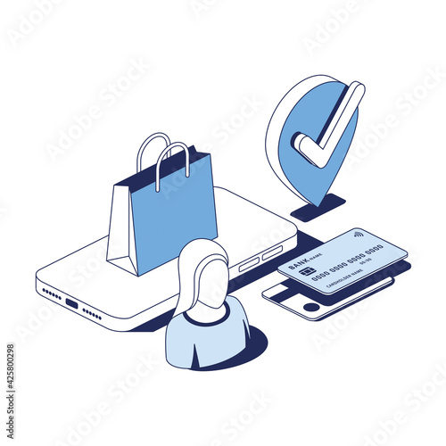 Shop purchase, mobile app, geolocation map pin, credit cards. Vector 3d line isometric, web icons, blue color. Creative design idea for infographics.
