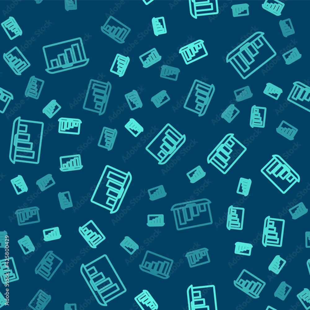 Green line Laptop with graph chart icon isolated seamless pattern on blue background. Report text file icon. Accounting sign. Audit, analysis, planning. Vector Green line Laptop with graph chart icon isolated seamless pattern on blue background. Report text file icon. Accounting sign. Audit, analysis, planning. Vector