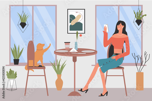 Pet friendly fashion cafe vector illustration. Cartoon young fashionable woman character making photo of friend dog sitting at table, pet owner with own domestic animal spend time together background
